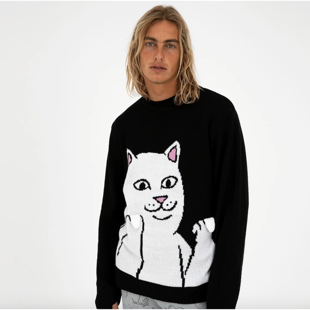 RIPNDIP Lord Nermal Flippy Knitty Sweater Black Mens Large Middle Finger Cat
